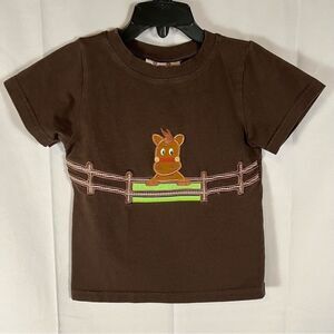 Smock Monkey Appliqué Horse Pony with Fence Brown Short Sleeve T-shirt S…